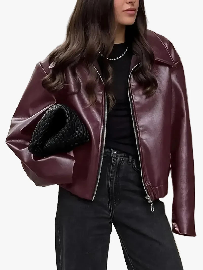 Stylish Women's Coated Finish Bomber Jacket with Point Collar - Trendy Outerwear for All Seasons