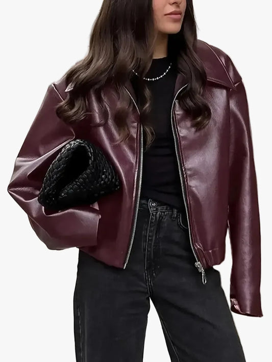Stylish Women's Coated Finish Bomber Jacket with Point Collar - Trendy Outerwear for All Seasons