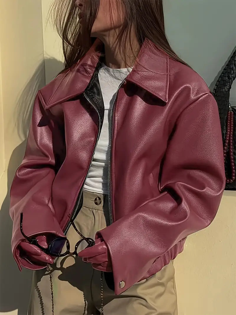 Stylish Women's Coated Finish Bomber Jacket with Point Collar - Trendy Outerwear for All Seasons