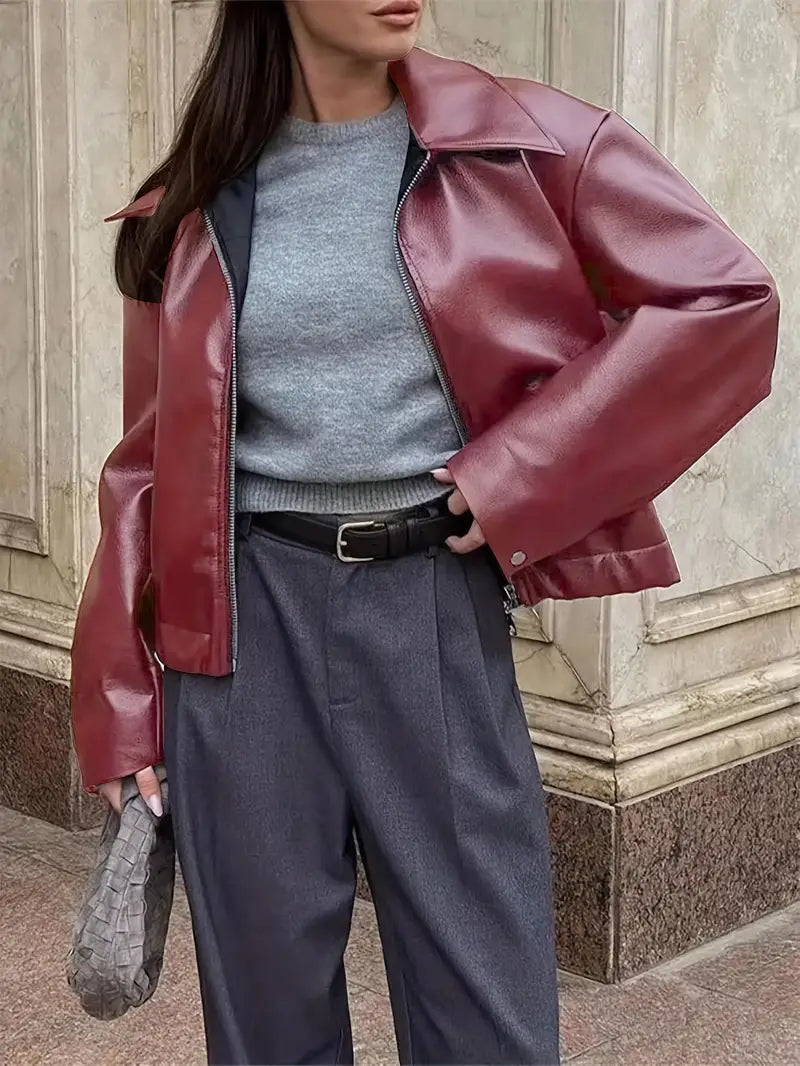 Stylish Women's Coated Finish Bomber Jacket with Point Collar - Trendy Outerwear for All Seasons