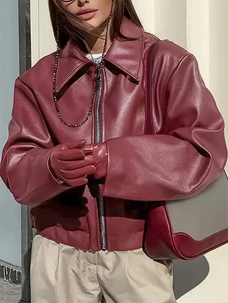 Stylish Women's Coated Finish Bomber Jacket with Point Collar - Trendy Outerwear for All Seasons