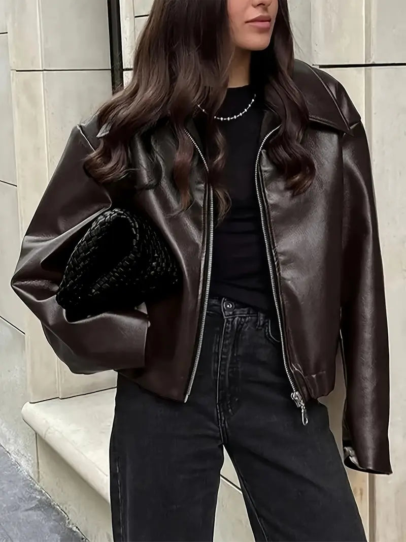 Stylish Women's Coated Finish Bomber Jacket with Point Collar - Trendy Outerwear for All Seasons