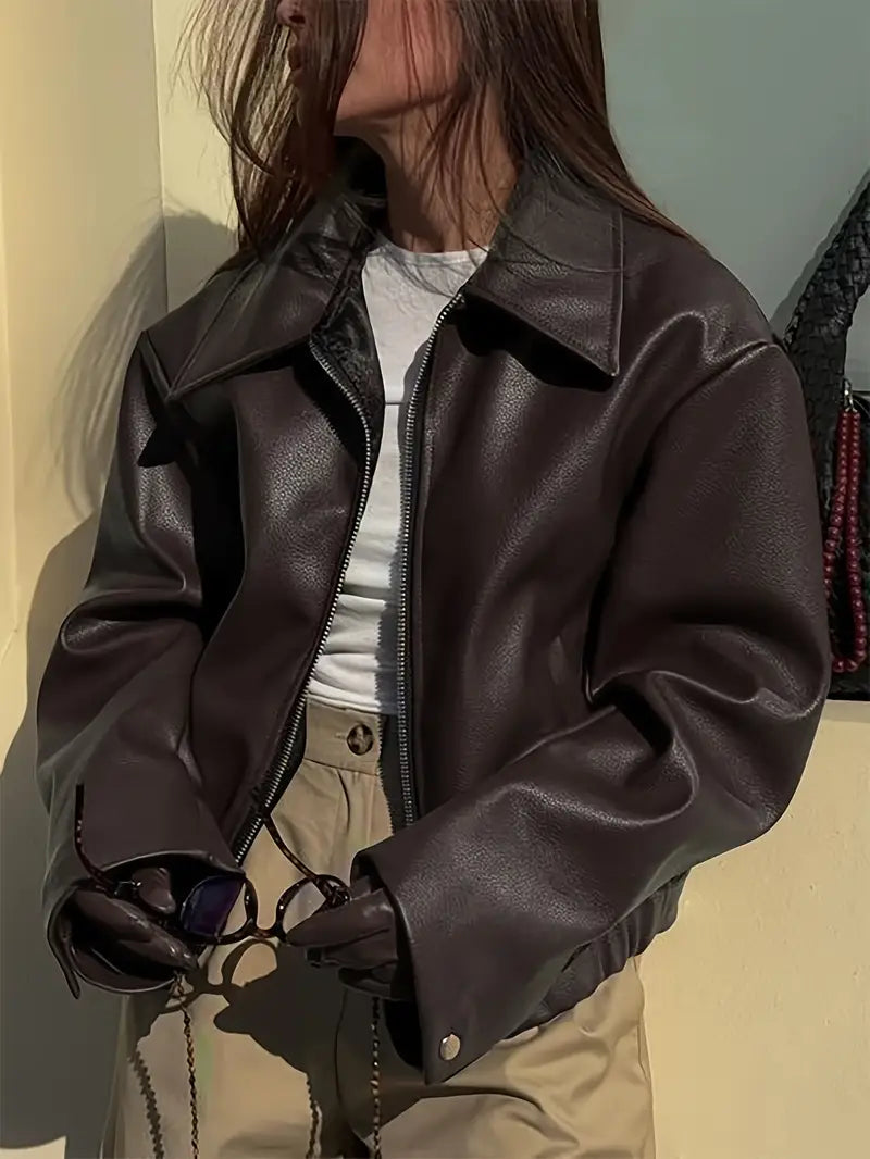 Stylish Women's Coated Finish Bomber Jacket with Point Collar - Trendy Outerwear for All Seasons