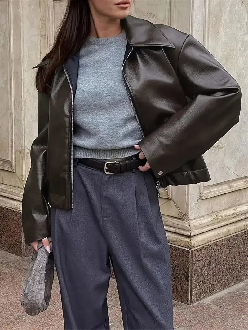 Stylish Women's Coated Finish Bomber Jacket with Point Collar - Trendy Outerwear for All Seasons