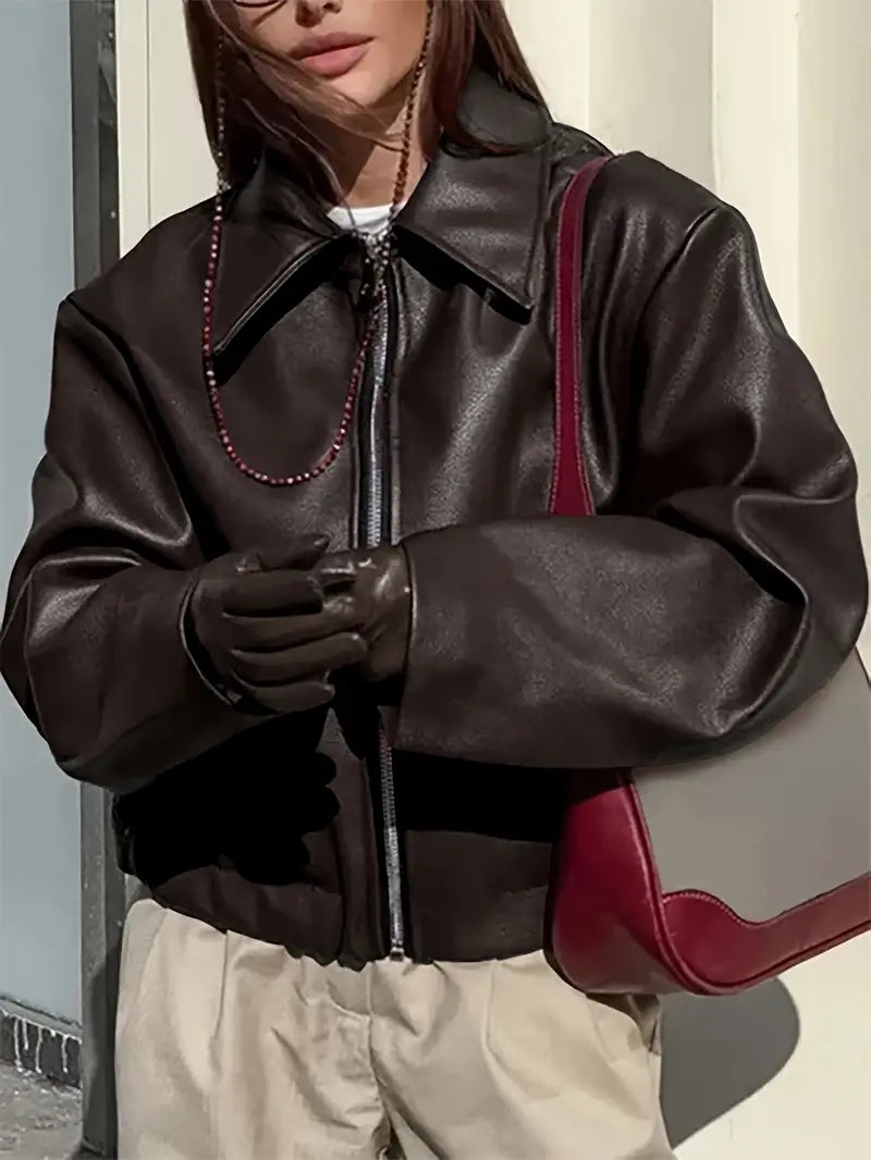 Stylish Women's Coated Finish Bomber Jacket with Point Collar - Trendy Outerwear for All Seasons