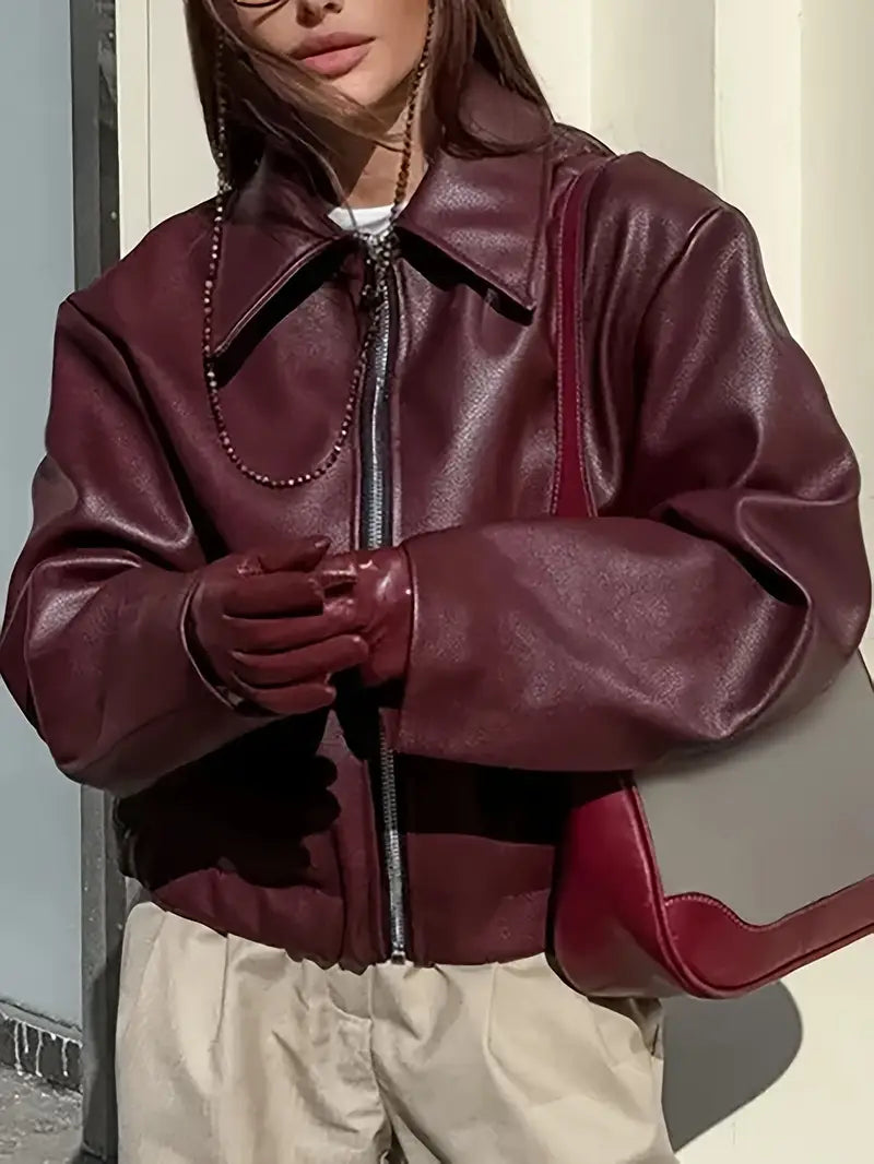Stylish Women's Coated Finish Bomber Jacket with Point Collar - Trendy Outerwear for All Seasons