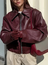 Stylish Women's Coated Finish Bomber Jacket with Point Collar - Trendy Outerwear for All Seasons