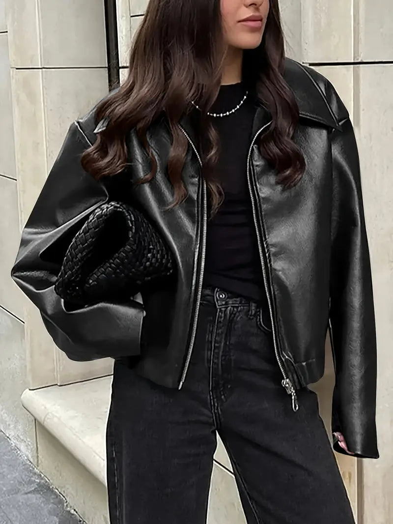 Stylish Women's Coated Finish Bomber Jacket with Point Collar - Trendy Outerwear for All Seasons