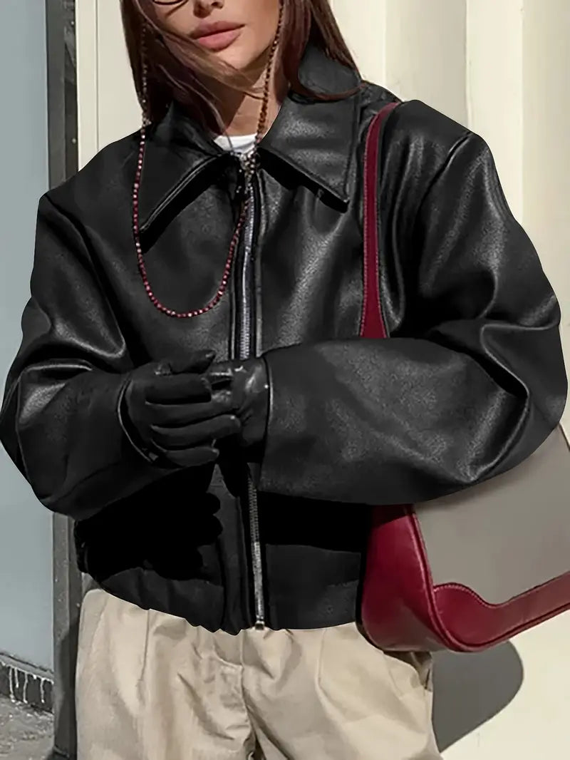 Stylish Women's Coated Finish Bomber Jacket with Point Collar - Trendy Outerwear for All Seasons