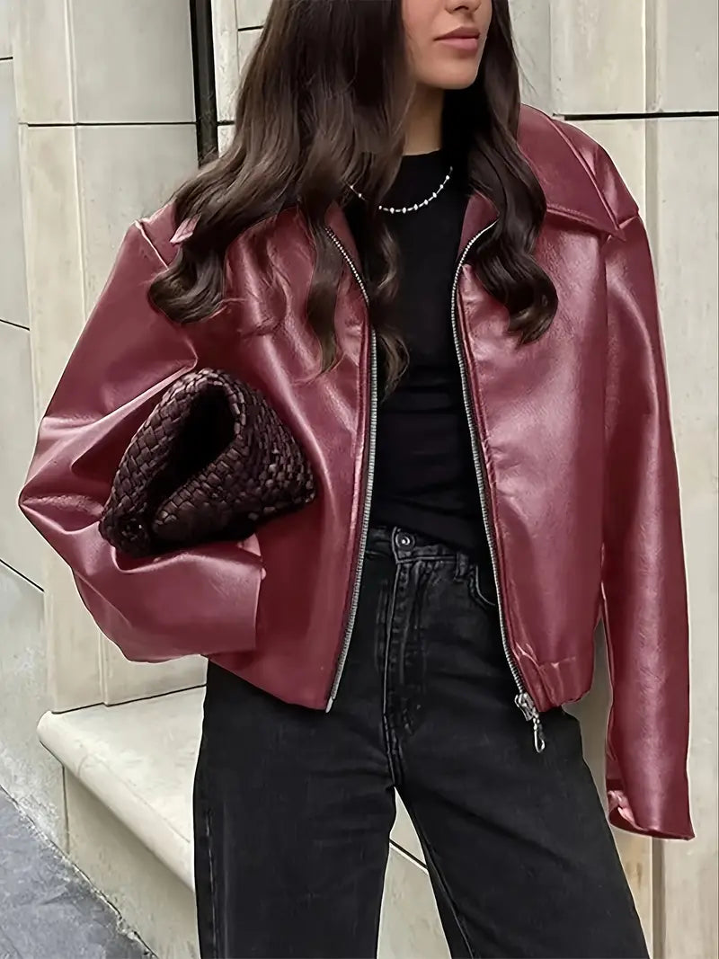 Stylish Women's Coated Finish Bomber Jacket with Point Collar - Trendy Outerwear for All Seasons