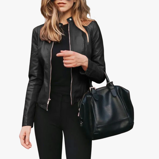 Women's Bomber-Style Polyurethane Jacket - Zip Front, Stand Collar, Stylish & Durable Outerwear
