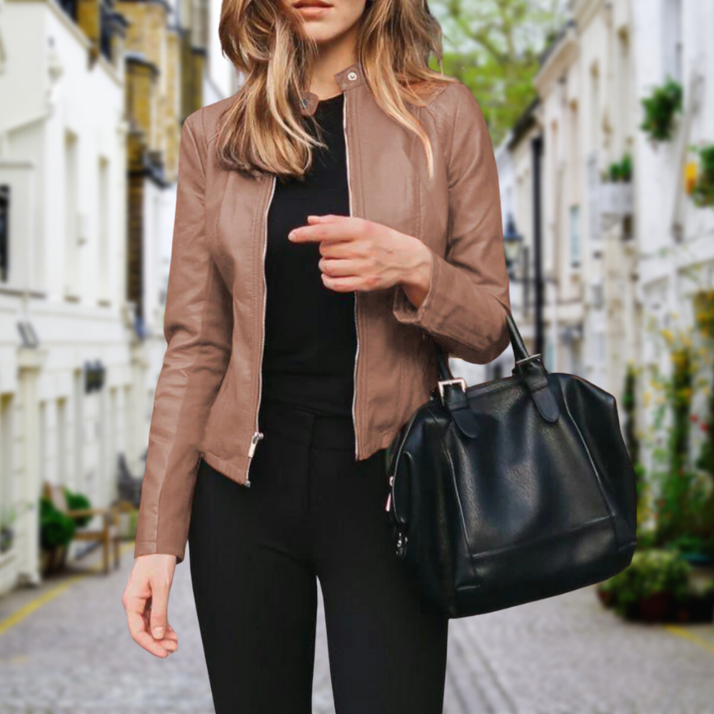 Women's Bomber-Style Polyurethane Jacket - Zip Front, Stand Collar, Stylish & Durable Outerwear