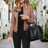 Women's Bomber-Style Polyurethane Jacket - Zip Front, Stand Collar, Stylish & Durable Outerwear