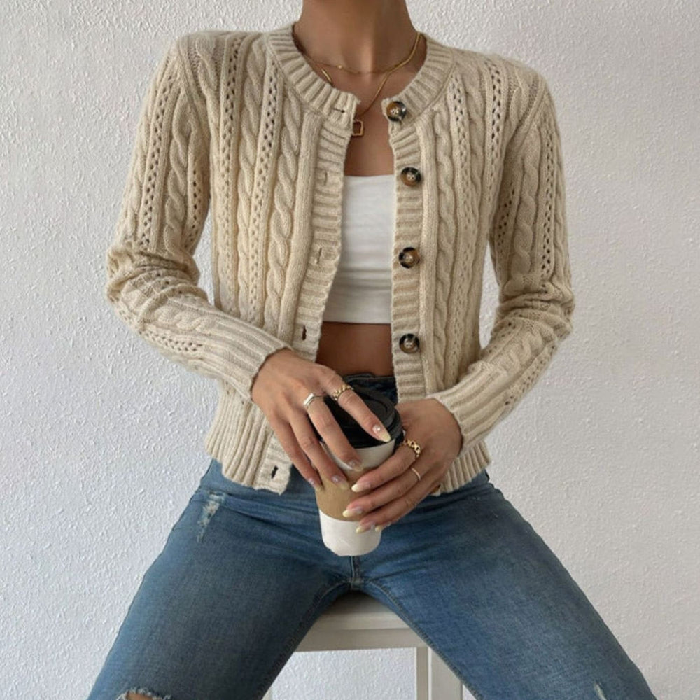 Charlotte | Women's Cable Knit Button-Front Cropped Cardigan Sweater - 3
