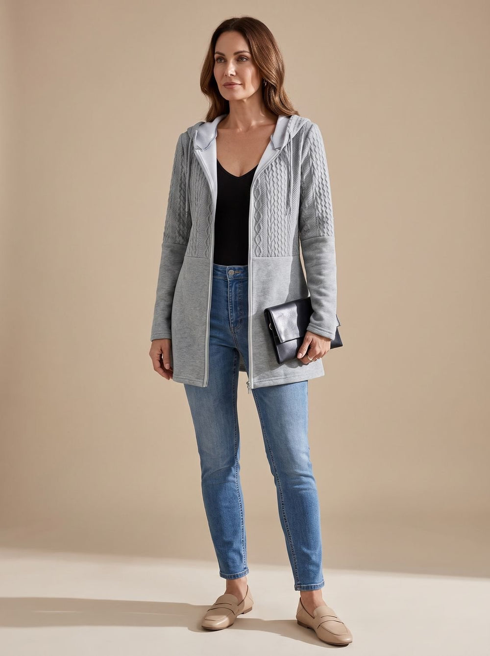 Harper | Women's Cable-Knit Panel Hooded Full-Zip Longline Coat