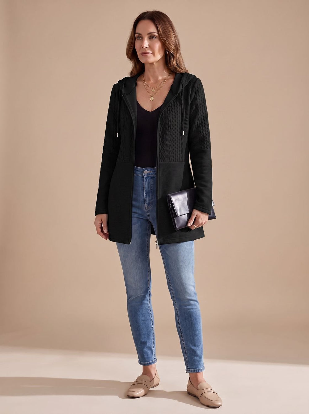 Harper | Women's Cable-Knit Panel Hooded Full-Zip Longline Coat
