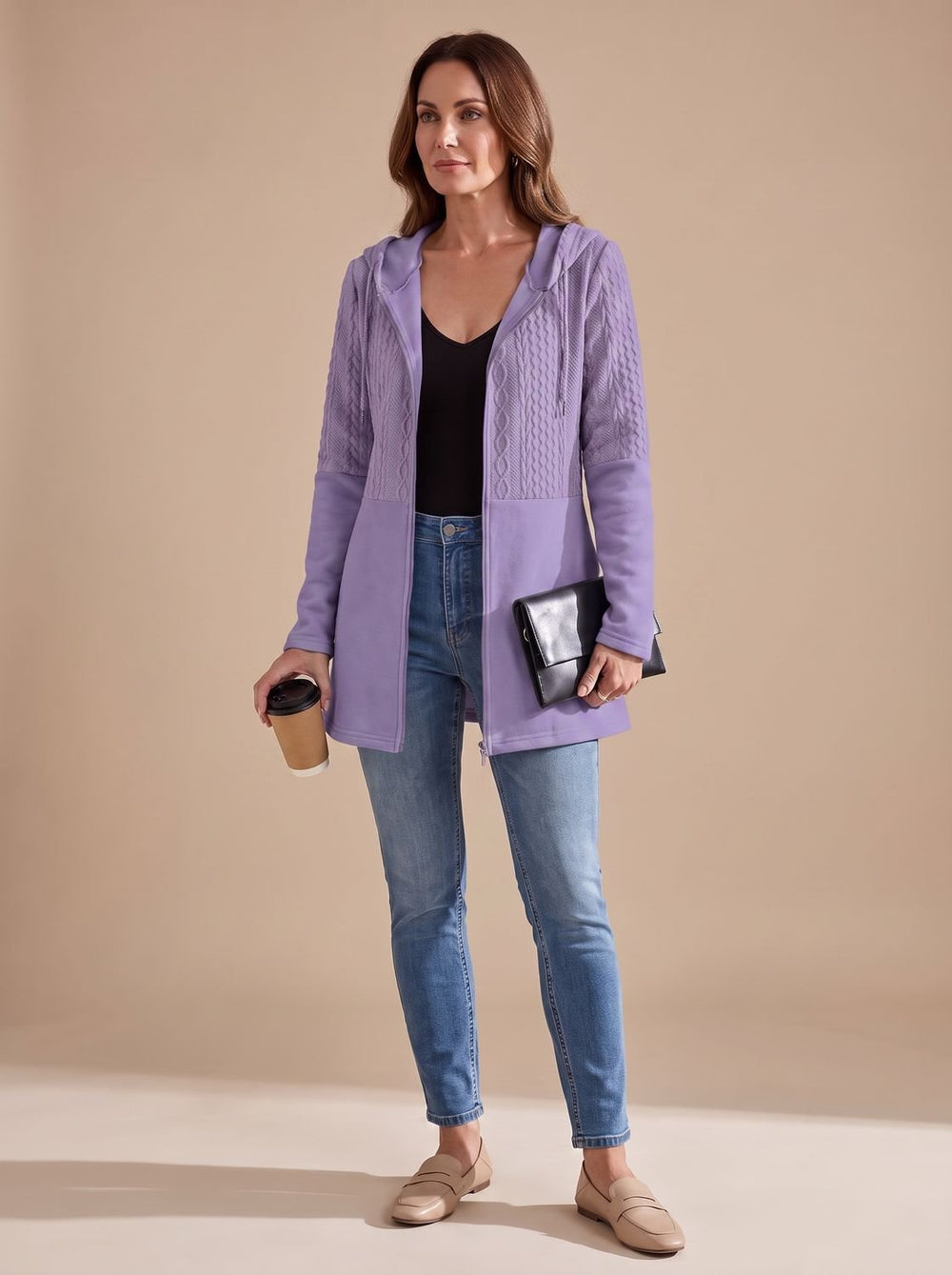 Harper | Women's Cable-Knit Panel Hooded Full-Zip Longline Coat