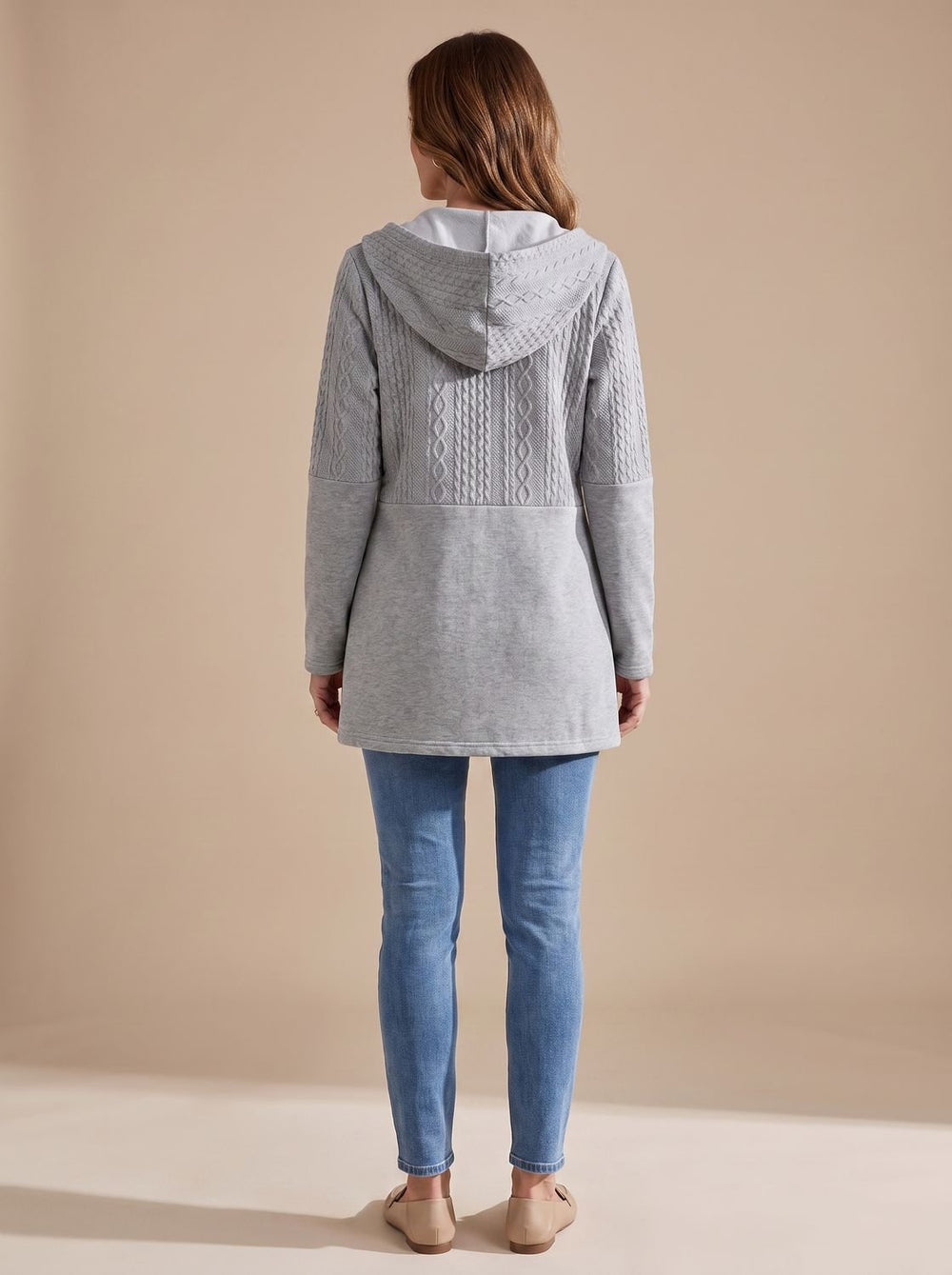 Harper | Women's Cable-Knit Panel Hooded Full-Zip Longline Coat