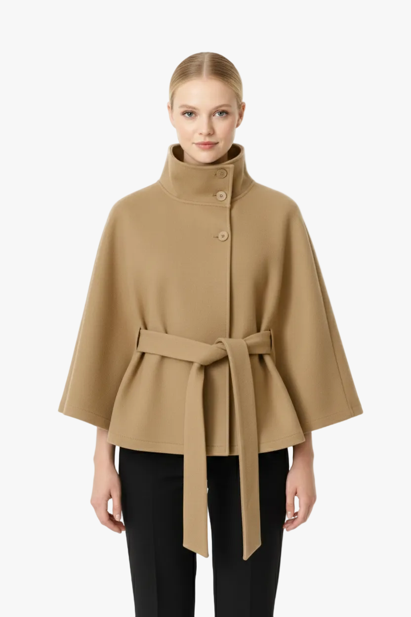 Women's Felted Cape Coat with Stand Collar and Belt - Stylish & Warm Outerwear