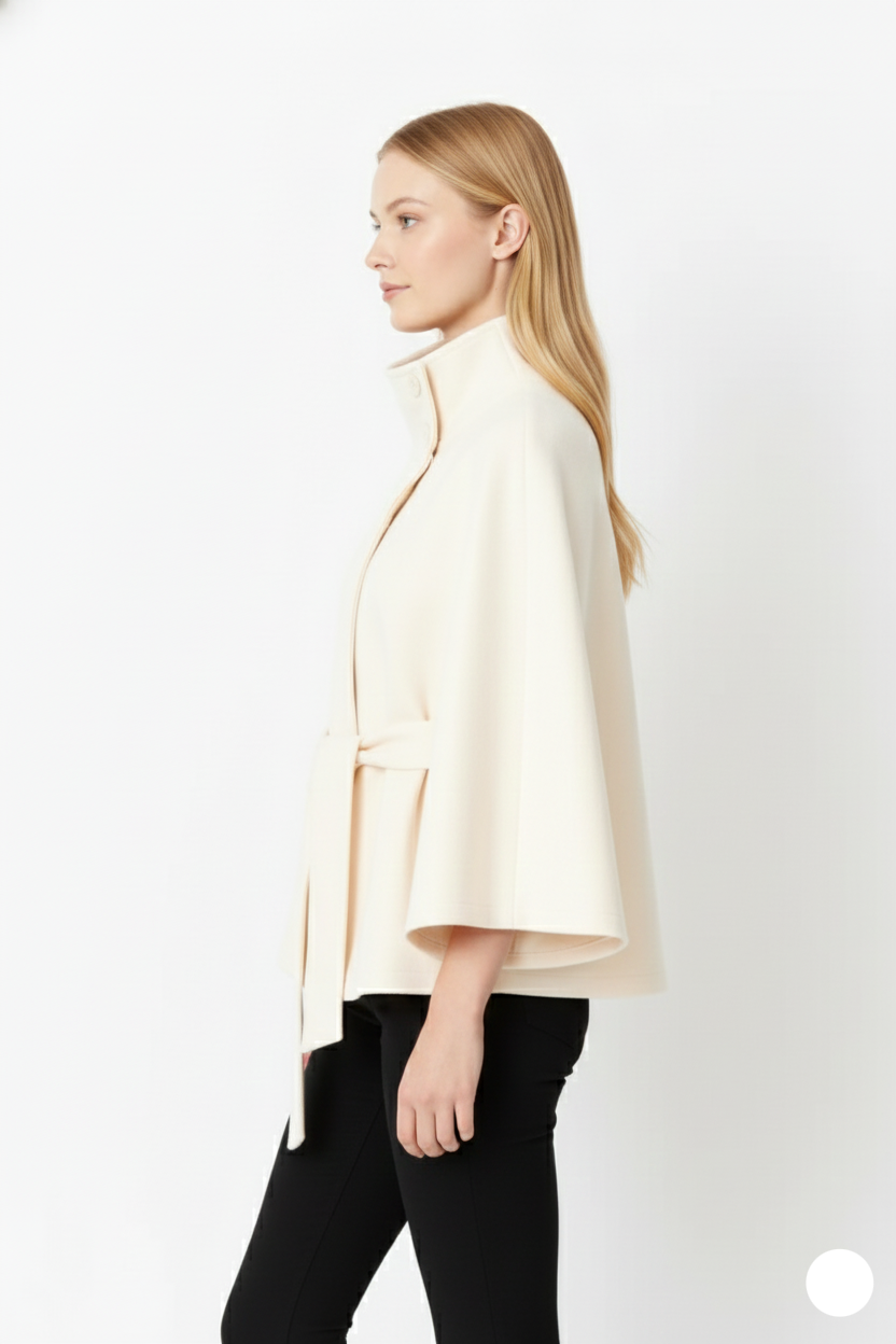 Women's Felted Cape Coat with Stand Collar and Belt - Stylish & Warm Outerwear