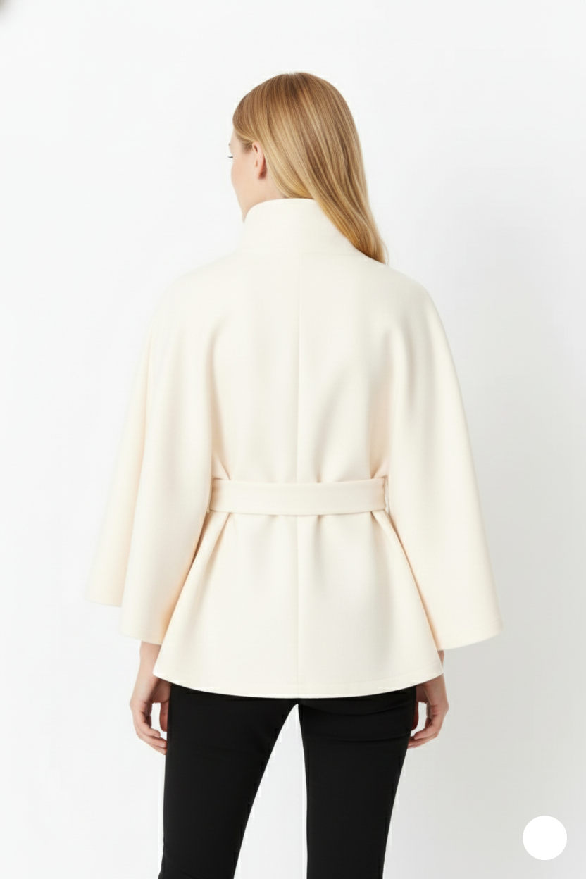 Women's Felted Cape Coat with Stand Collar and Belt - Stylish & Warm Outerwear