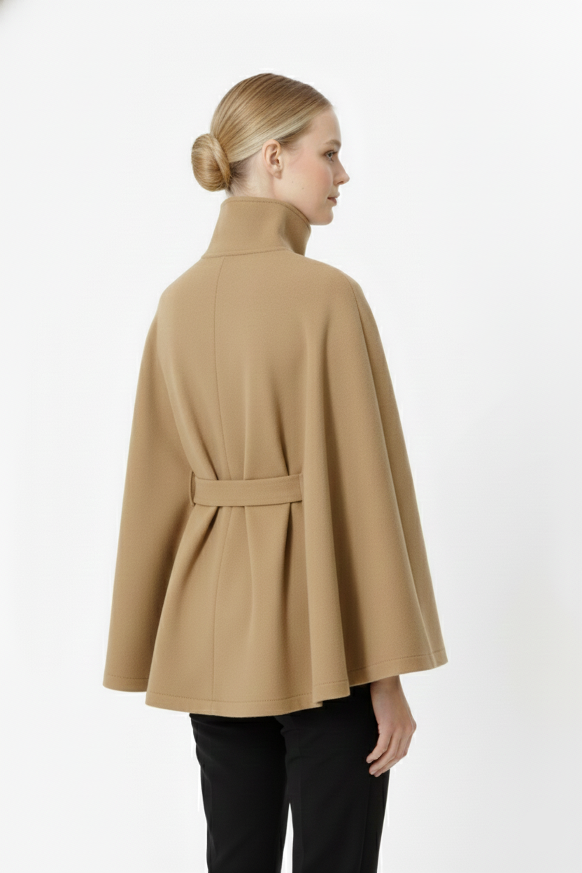 Women's Felted Cape Coat with Stand Collar and Belt - Stylish & Warm Outerwear