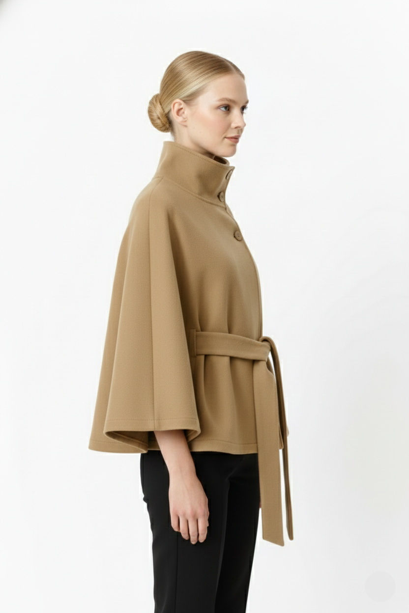 Women's Felted Cape Coat with Stand Collar and Belt - Stylish & Warm Outerwear