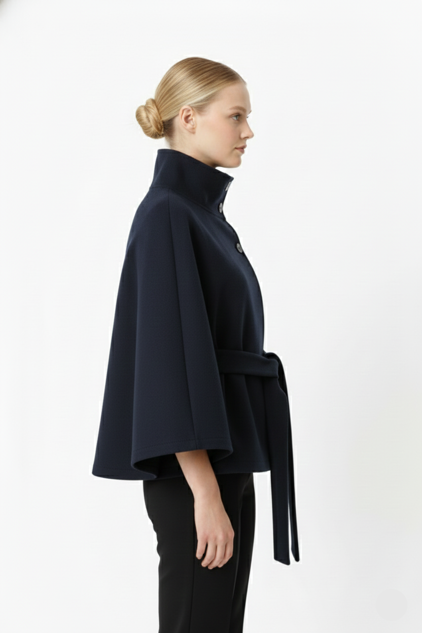 Women's Felted Cape Coat with Stand Collar and Belt - Stylish & Warm Outerwear