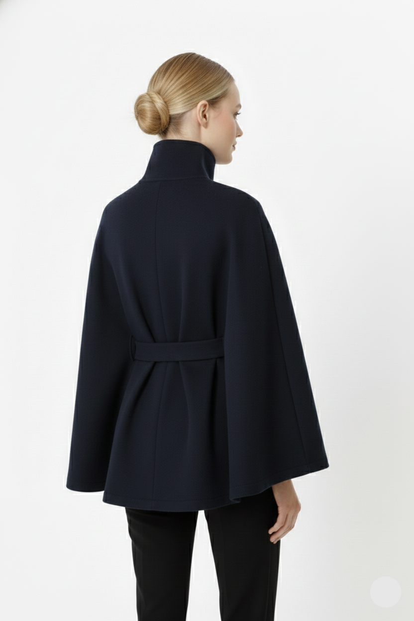 Women's Felted Cape Coat with Stand Collar and Belt - Stylish & Warm Outerwear