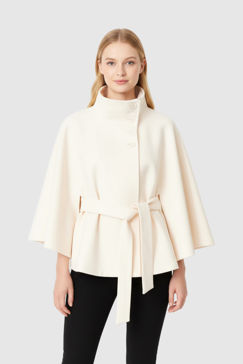 Women's Felted Cape Coat with Stand Collar and Belt - Stylish & Warm Outerwear