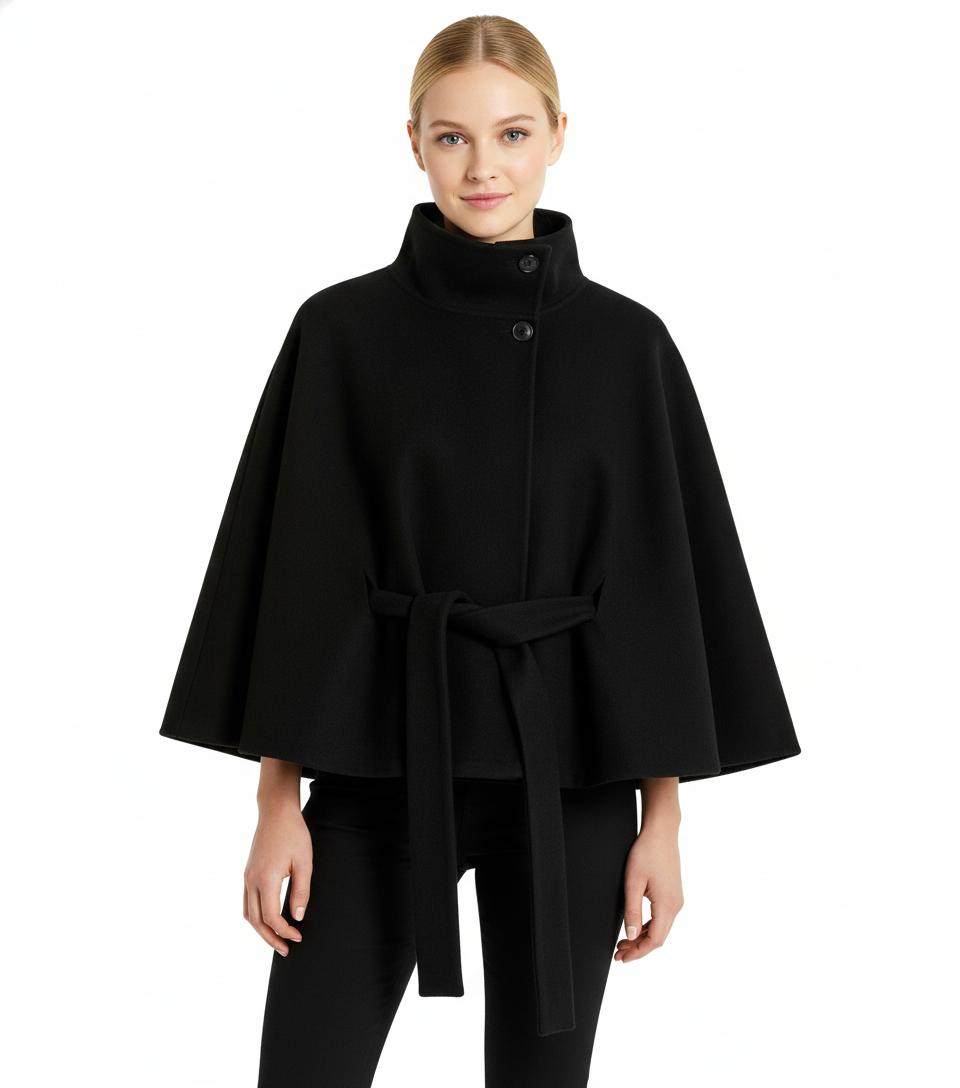 Women's Felted Cape Coat with Stand Collar and Belt - Stylish & Warm Outerwear
