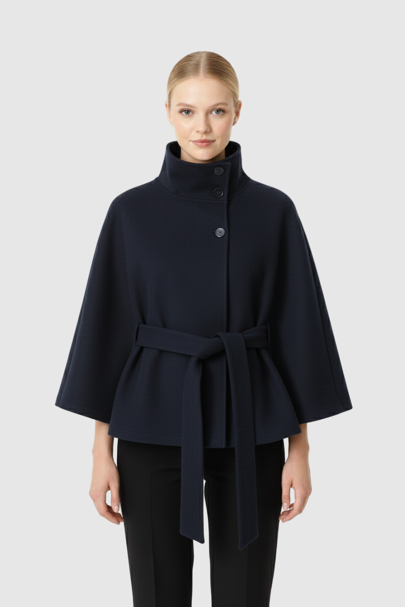 Women's Felted Cape Coat with Stand Collar and Belt - Stylish & Warm Outerwear
