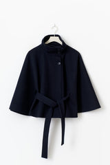 Women's Felted Cape Coat with Stand Collar and Belt - Stylish & Warm Outerwear
