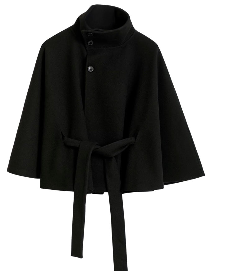 Women's Felted Cape Coat with Stand Collar and Belt - Stylish & Warm Outerwear