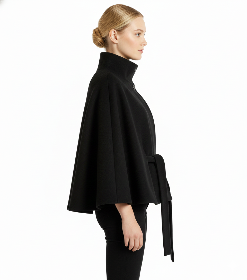 Women's Felted Cape Coat with Stand Collar and Belt - Stylish & Warm Outerwear