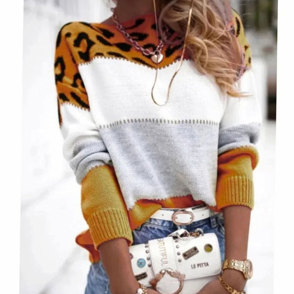 Grace | Women's Cashmere Turtleneck Color Block Leopard Print Knit Sweater - 10