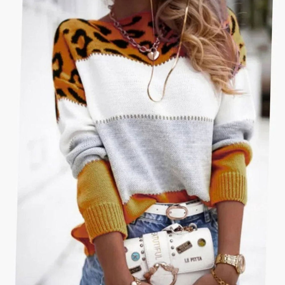 Grace | Women's Cashmere Turtleneck Color Block Leopard Print Knit Sweater - 3