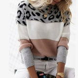 Grace | Women's Cashmere Turtleneck Color Block Leopard Print Knit Sweater - 8