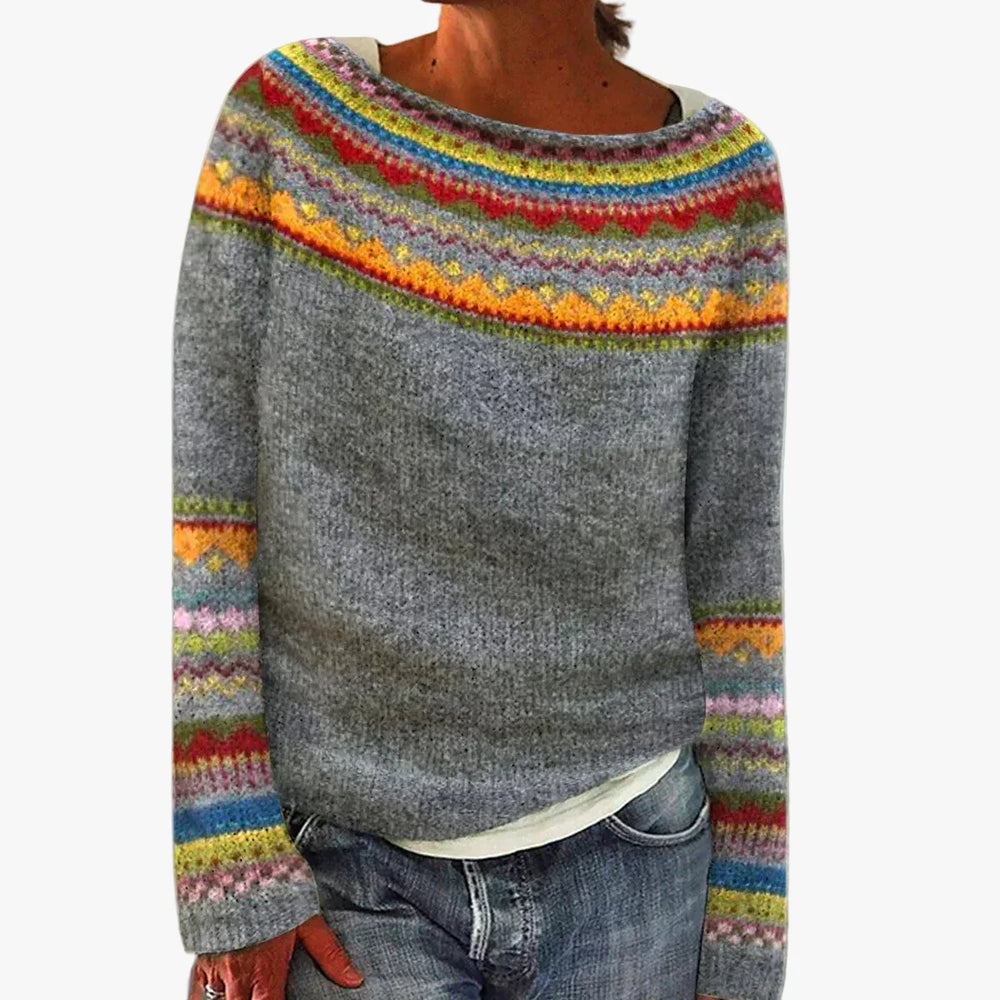 Women's Casual Acrylic Boat Neck Sweater with Nordic Yoke Design - Cozy Knit Top for Everyday Wear