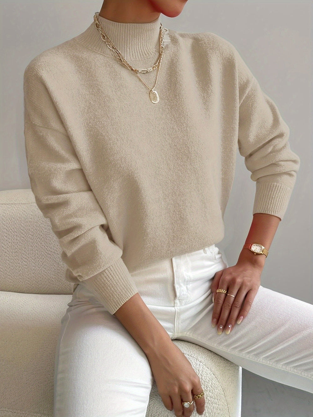 Women's Cozy Turtleneck Knit Sweater with Ribbed Trim - Casual Chic Pullover for Everyday Wear