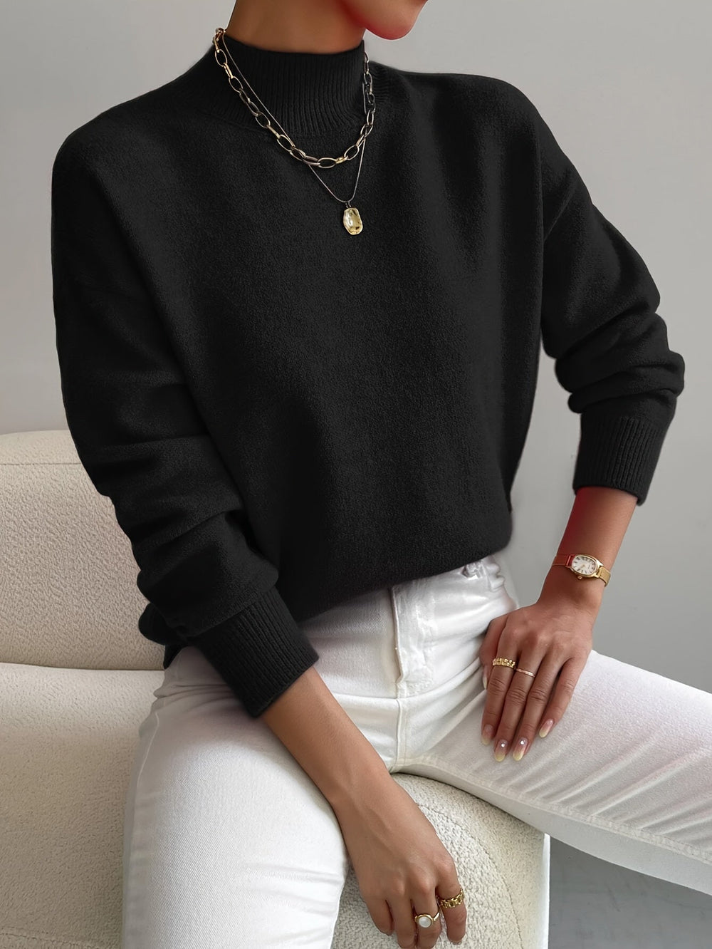 Women's Cozy Turtleneck Knit Sweater with Ribbed Trim - Casual Chic Pullover for Everyday Wear