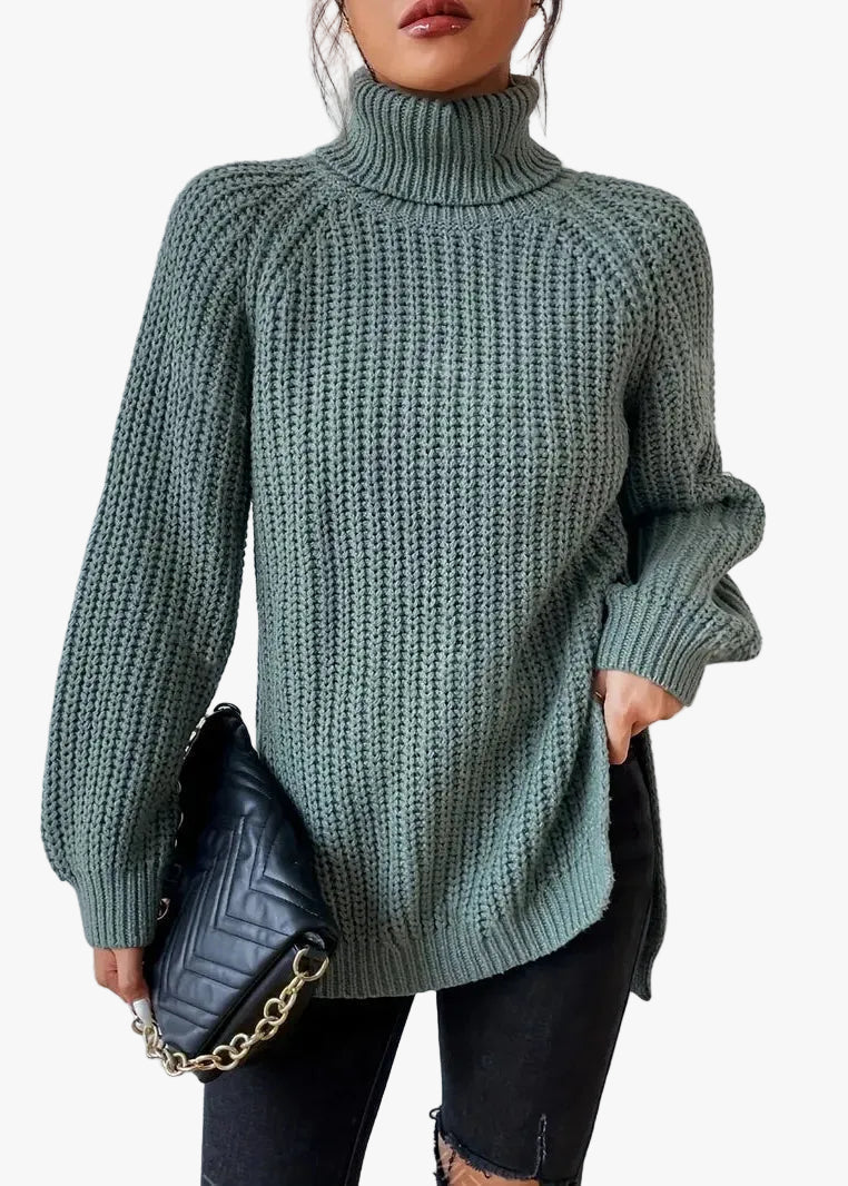 Women's Casual Turtleneck Rib Knit Sweater with Raglan Sleeves - Cozy & Stylish Knitwear