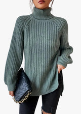Women's Casual Turtleneck Rib Knit Sweater with Raglan Sleeves - Cozy & Stylish Knitwear