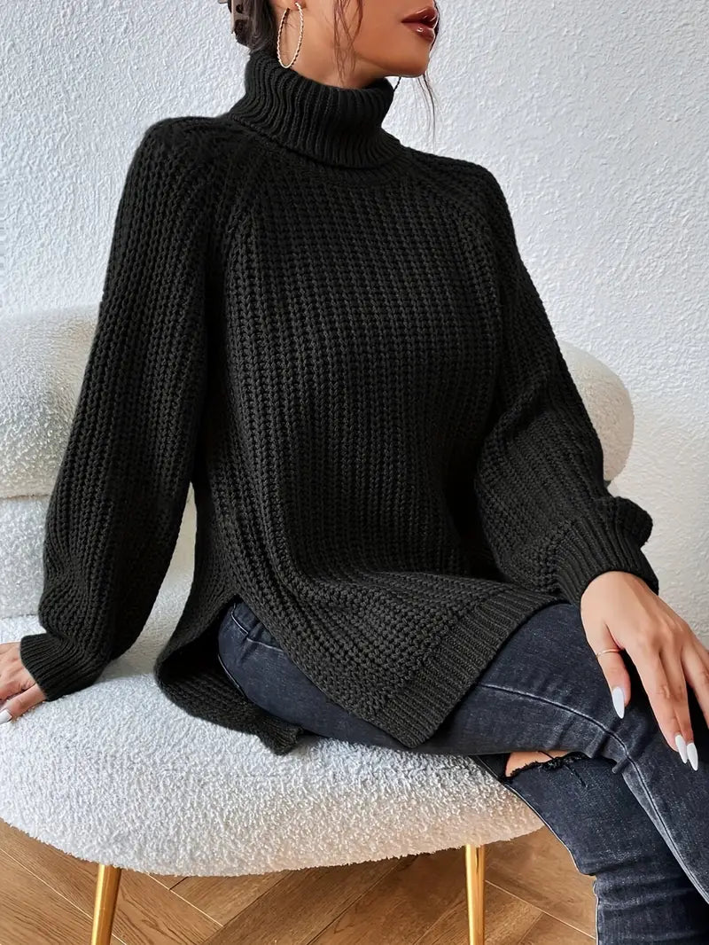 Women's Casual Turtleneck Rib Knit Sweater with Raglan Sleeves - Cozy & Stylish Knitwear