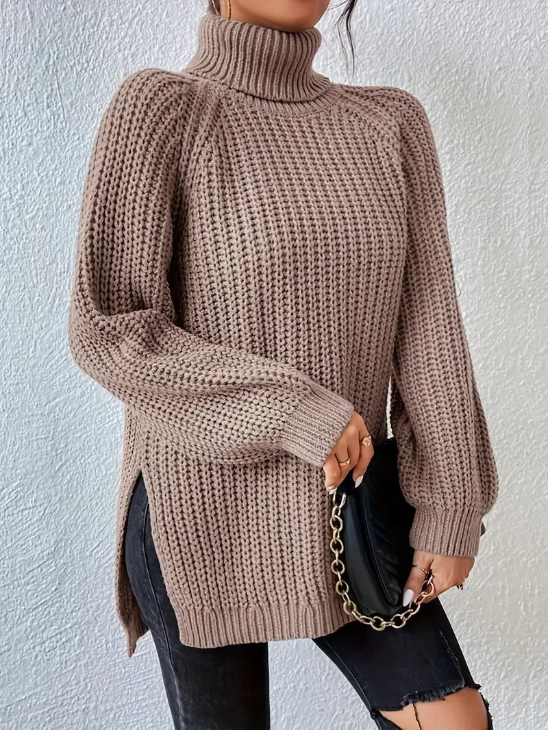 Women's Casual Turtleneck Rib Knit Sweater with Raglan Sleeves - Cozy & Stylish Knitwear