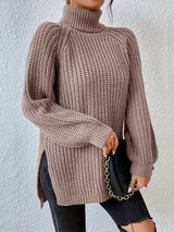 Women's Casual Turtleneck Rib Knit Sweater with Raglan Sleeves - Cozy & Stylish Knitwear