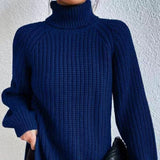 Women's Casual Turtleneck Rib Knit Sweater with Raglan Sleeves - Cozy & Stylish Knitwear