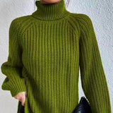 Women's Casual Turtleneck Rib Knit Sweater with Raglan Sleeves - Cozy & Stylish Knitwear