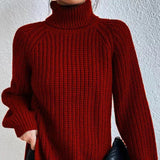 Women's Casual Turtleneck Rib Knit Sweater with Raglan Sleeves - Cozy & Stylish Knitwear
