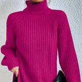 Women's Casual Turtleneck Rib Knit Sweater with Raglan Sleeves - Cozy & Stylish Knitwear